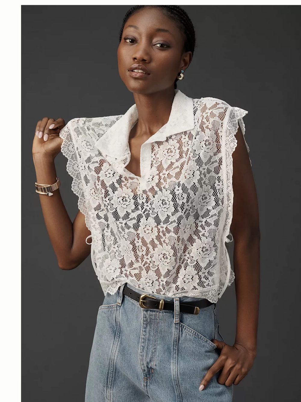 Anthropologie Collared Lace Vest Top White One Size Sheer